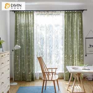 DIHIN HOME Pastoral Green Cotton Linen Curtains Printed,Blackout Grommet Window Curtain for Living Room ,52x63-inch,1 Panel
