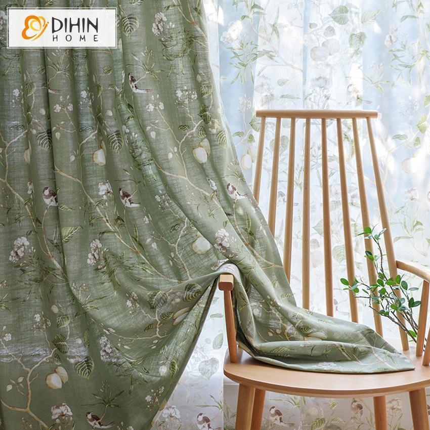 DIHIN HOME Pastoral Green Cotton Linen Curtains Printed,Blackout Grommet Window Curtain for Living Room ,52x63-inch,1 Panel