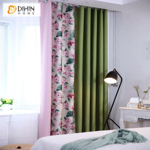 DIHINHOME Home Textile Pastoral Curtain DIHIN HOME Pastoral Green Fabric With Pink Flowers Printed,High Blackout Grommet Window Curtain for Living Room