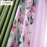 DIHINHOME Home Textile Pastoral Curtain DIHIN HOME Pastoral Green Fabric With Pink Flowers Printed,High Blackout Grommet Window Curtain for Living Room