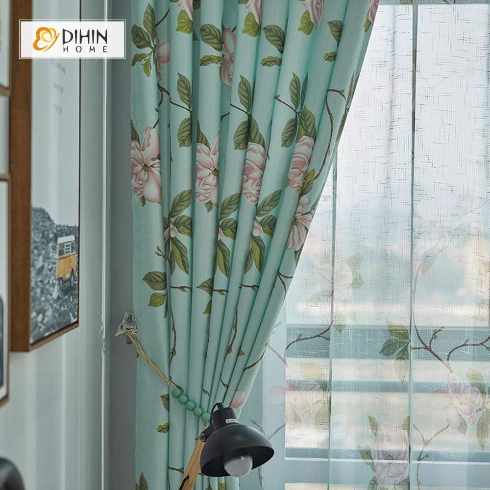 DIHINHOME Home Textile Pastoral Curtain DIHIN HOME Pastoral Green Floral Curtains，Blackout Grommet Window Curtain for Living Room ,52x63-inch,1 Panel