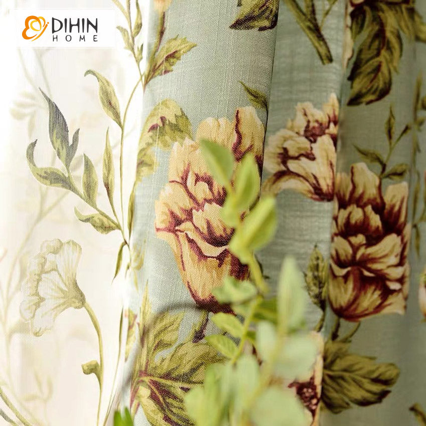 DIHINHOME Home Textile Pastoral Curtain DIHIN HOME Pastoral Green Flowers Printed,Blackout Grommet Window Curtain for Living Room ,52x63-inch,1 Panel