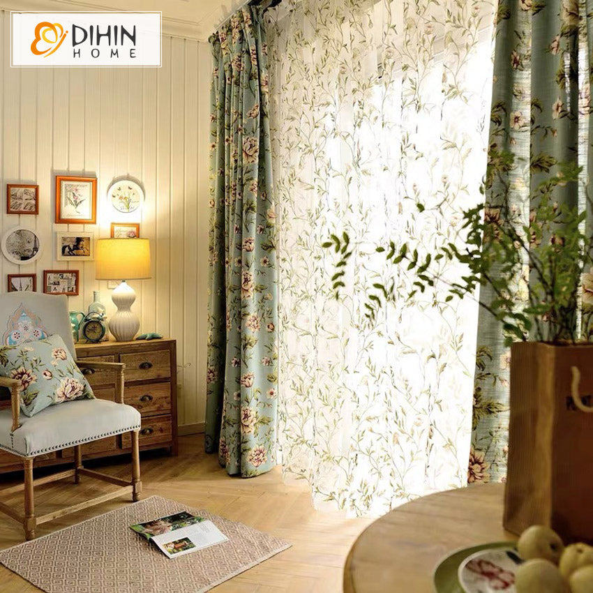 DIHINHOME Home Textile Pastoral Curtain DIHIN HOME Pastoral Green Flowers Printed,Blackout Grommet Window Curtain for Living Room ,52x63-inch,1 Panel