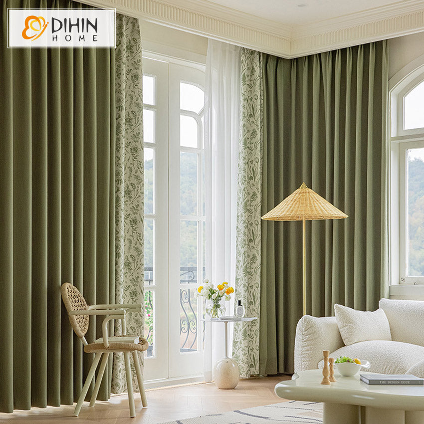 DIHINHOME Home Textile Pastoral Curtain DIHIN HOME Pastoral Green Leaves Printed,Blackout Grommet Window Curtain for Living Room ,52x63-inch,1 Panel