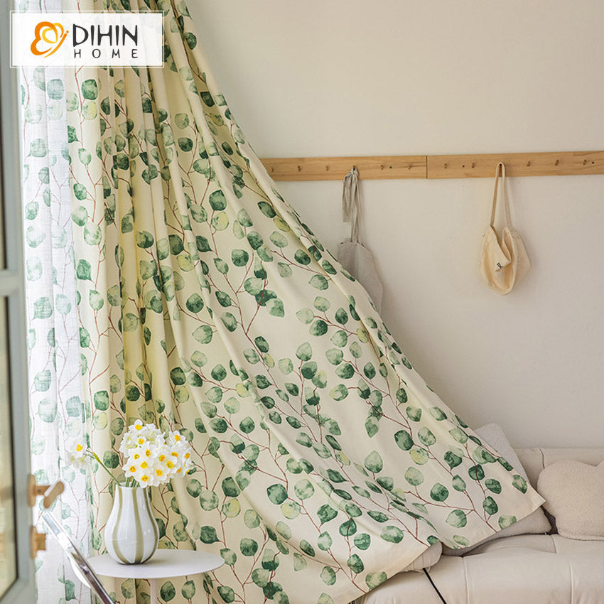 DIHINHOME Home Textile Pastoral Curtain DIHIN HOME Pastoral Green Leaves Printed Curtain,Blackout Grommet Window Curtain for Living Room,1 Panel