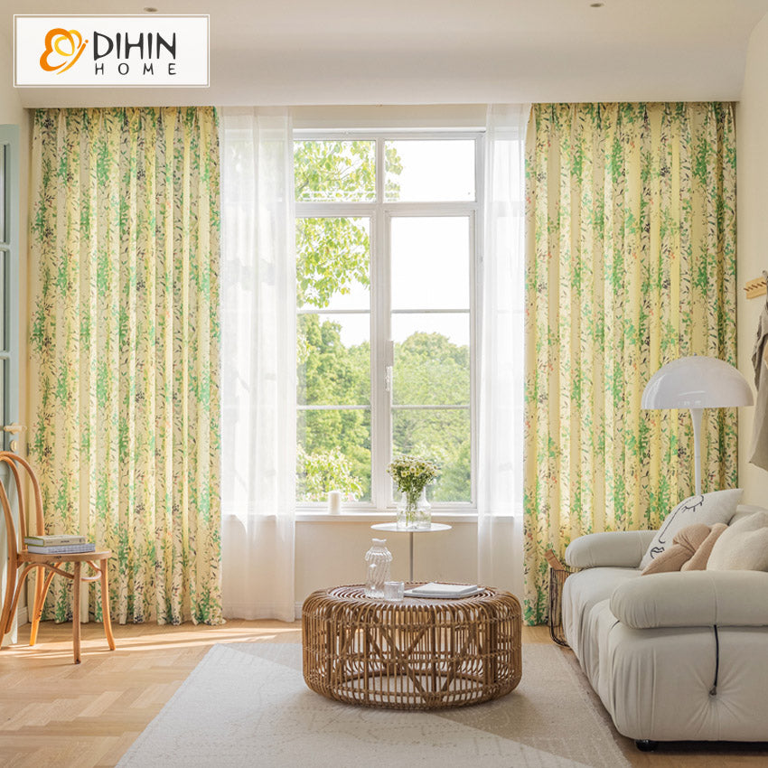DIHINHOME Home Textile Pastoral Curtain DIHIN HOME Pastoral Green Plants Printed,Blackout Grommet Window Curtain for Living Room,1 Panel