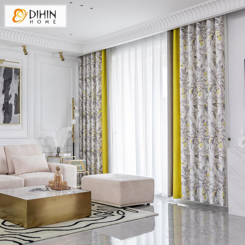 DIHINHOME Home Textile Pastoral Curtain DIHIN HOME Pastoral Grey and Yellow Floral Curtains,Blackout Grommet Window Curtain for Living Room ,52x63-inch,1 Panel