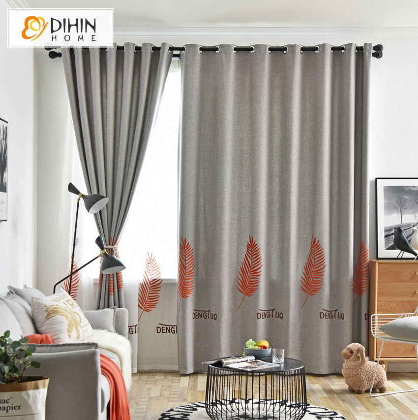 DIHIN HOME Pastoral Grey Color Leaves Embroidered,Blackout Curtains Grommet Window Curtain for Living Room ,52x63-inch,1 Panel