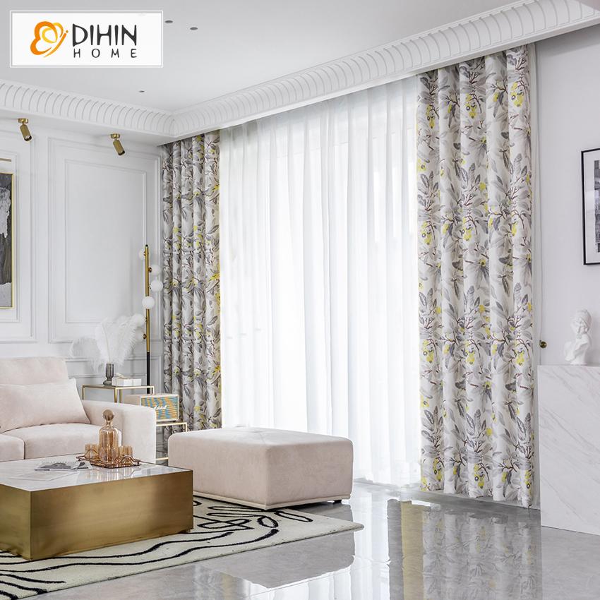 DIHINHOME Home Textile Pastoral Curtain DIHIN HOME Pastoral Grey Leaf With Yellow Flowers Printed,Blackout Grommet Window Curtain for Living Room ,52x63-inch,1 Panel