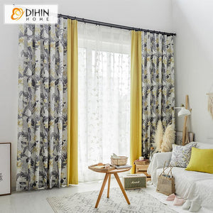 DIHINHOME Home Textile Pastoral Curtain DIHIN HOME Pastoral Grey Leaves Printed Curtains,Blackout Grommet Window Curtain for Living Room ,52x63-inch,1 Panel Roman Shades Window Curtains Curtains Window Blinds Curtains Drapes