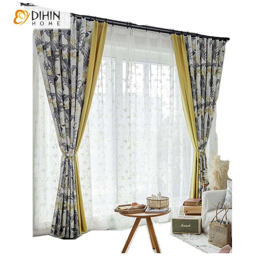 DIHINHOME Home Textile Pastoral Curtain DIHIN HOME Pastoral Grey Leaves Printed Curtains,Blackout Grommet Window Curtain for Living Room ,52x63-inch,1 Panel Roman Shades Window Curtains Curtains Window Blinds Curtains Drapes