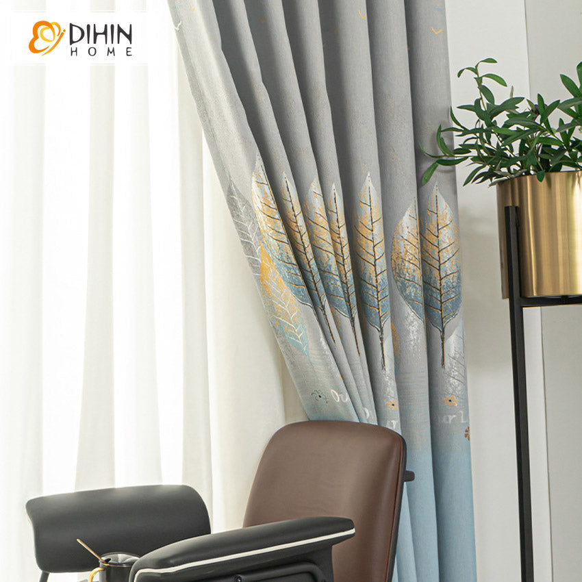 DIHINHOME Home Textile Pastoral Curtain DIHIN HOME Pastoral High-end Leaves Jacquard Curtains,Grommet Window Curtain for Living Room ,52x63-inch,1 Panel