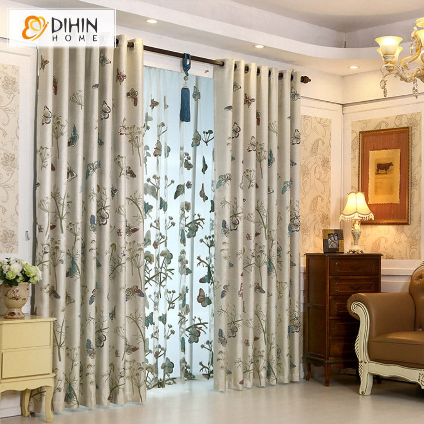DIHIN HOME Pastoral High-precision Butterfly Embroideried,Blackout Grommet Window Curtain for Living Room,1 Panel