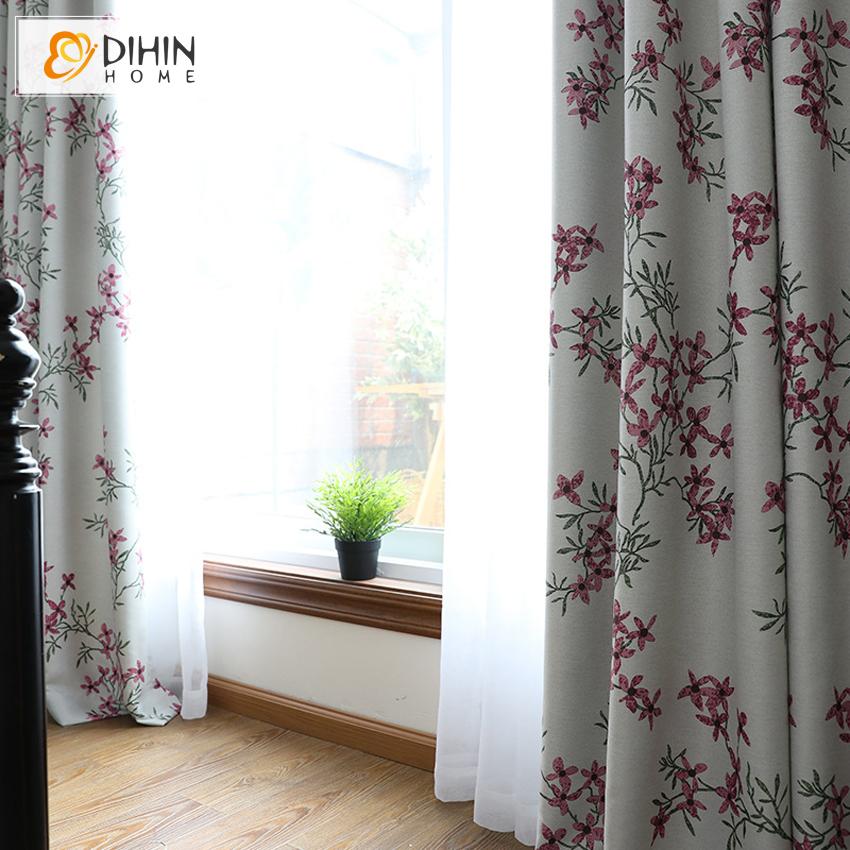 DIHIN HOME Pastoral High-precision Pink Flowers Printed,Blackout Grommet Window Curtain for Living Room ,52x63-inch,1 Panel