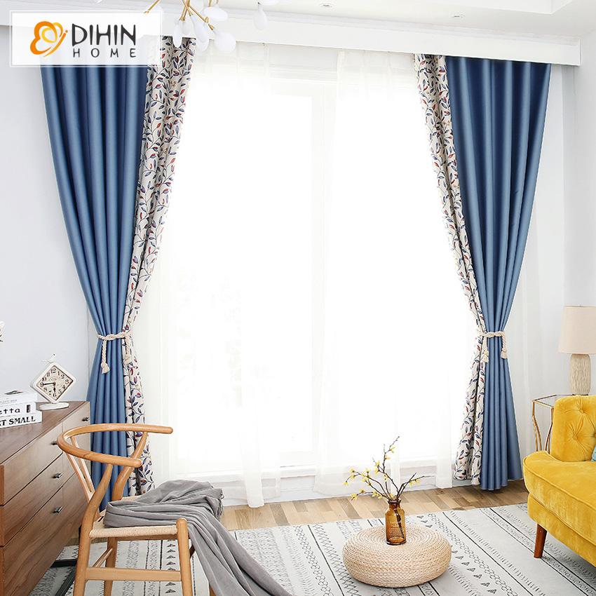 DIHIN HOME Pastoral High Quality Spliced Leaves Printed,Blackout Grommet Window Curtain for Living Room ,52x63-inch,1 Panel