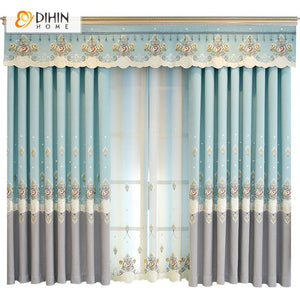 DIHIN HOME Pastoral Light Blue and Grey Embroidered Curtain Luxury Valance ,Blackout Curtains Grommet Window Curtain for Living Room ,52x84-inch,1 Panel