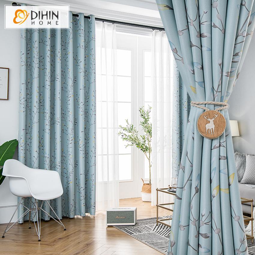 DIHINHOME Home Textile Pastoral Curtain DIHIN HOME Pastoral Light Blue Twigs Printed,Blackout Grommet Window Curtain for Living Room ,52x63-inch,1 Panel