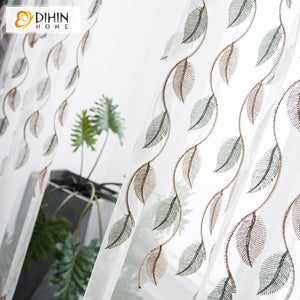 DIHINHOME Home Textile Pastoral Curtain DIHIN HOME Pastoral Natural Leaves Embroidered Curtains,Grommet Window Curtain for Living Room,52x63-inch,1 Panel