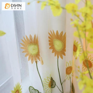 DIHINHOME Home Textile Pastoral Curtain DIHIN HOME Pastoral Nature Sunflowers Embroidered,Blackout Grommet Window Curtain for Living Room ,52x63-inch,1 Panel