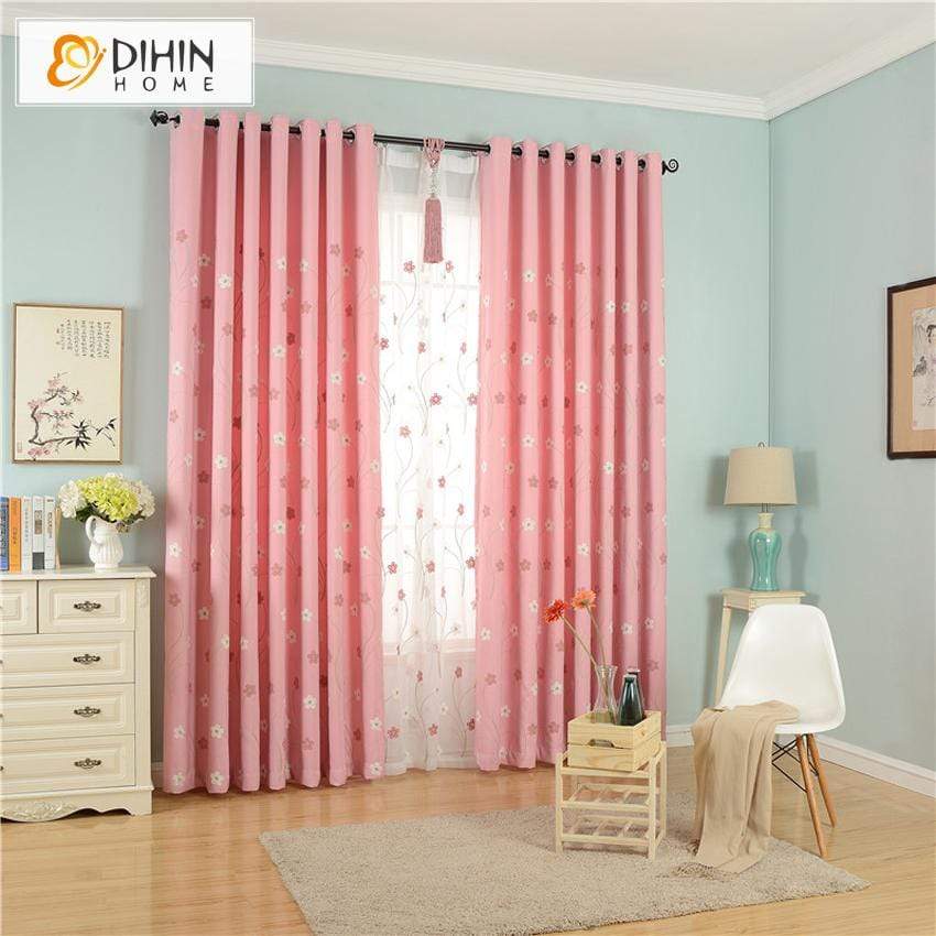 DIHINHOME Home Textile Pastoral Curtain DIHIN HOME Pastoral Pink Color Embroidered Curtains,Blackout Grommet Window Curtain for Living Room ,52x63-inch,1 Panel