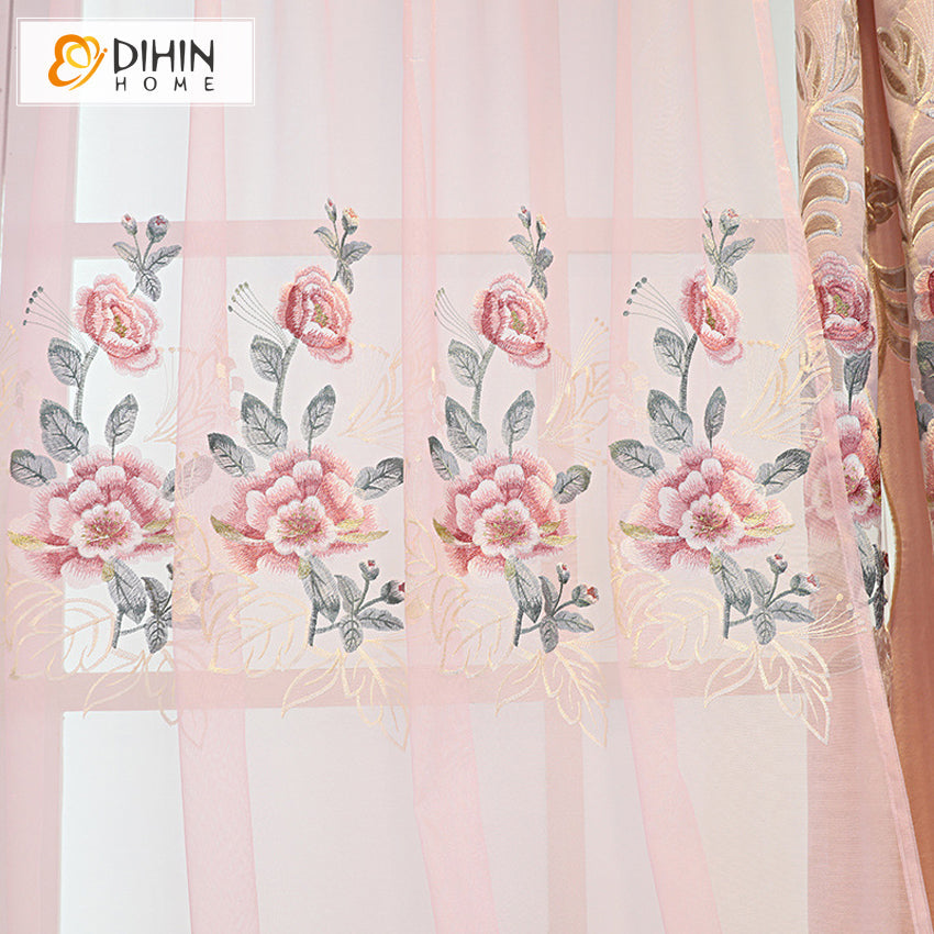 DIHINHOME Home Textile Pastoral Curtain DIHIN HOME Pastoral Pink Color Embroidered Valance,Blackout Curtains Grommet Window Curtain for Living Room ,52x84-inch,1 Panel