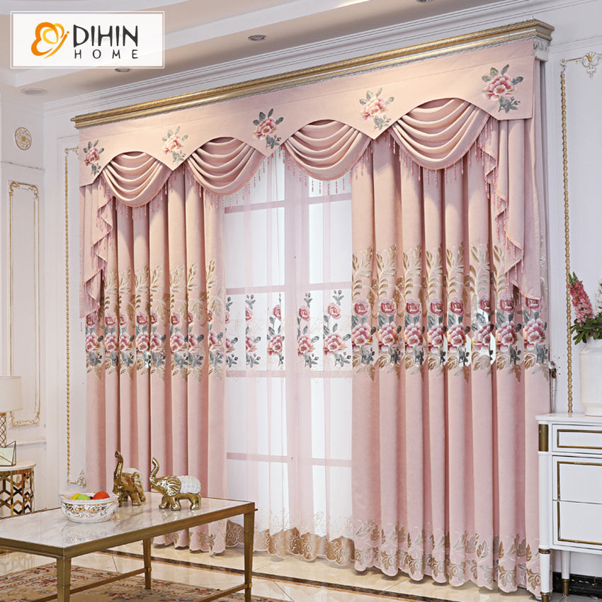 DIHIN HOME Pastoral Pink Color Embroidered Valance,Blackout Curtains Grommet Window Curtain for Living Room ,52x84-inch,1 Panel