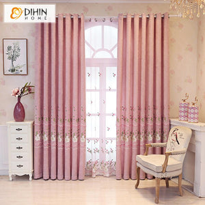 DIHIN HOME Pastoral Pink Color Flowers Embroidered Curtain,Blackout Curtains Grommet Window Curtain for Living Room ,52x84-inch,1 Panel