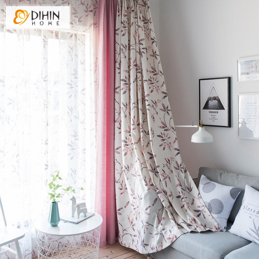 DIHINHOME Home Textile Pastoral Curtain DIHIN HOME Pastoral Pink Color With Leaves Printed,Blackout Grommet Window Curtain for Living Room,1 Panel