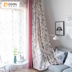 DIHINHOME Home Textile Pastoral Curtain DIHIN HOME Pastoral Pink Color With Leaves Printed,Blackout Grommet Window Curtain for Living Room,1 Panel