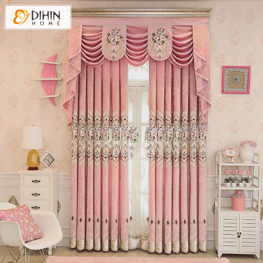 DIHIN HOME Pastoral Pink Flowers Embroidered Curtain Luxury Valance ,Blackout Curtains Grommet Window Curtain for Living Room ,52x84-inch,1 Panel