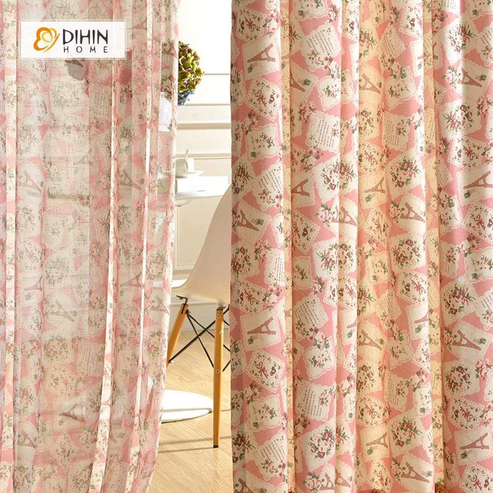 DIHINHOME Home Textile Pastoral Curtain DIHIN HOME Pastoral Pink Flowers Printed，Blackout Grommet Window Curtain for Living Room ,52x63-inch,1 Panel