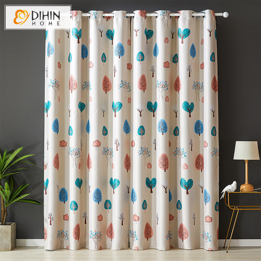 DIHINHOME Home Textile Pastoral Curtain DIHIN HOME Pastoral Printed Colorful Trees,Blackout Grommet Window Curtain for Living Room,1 Panel