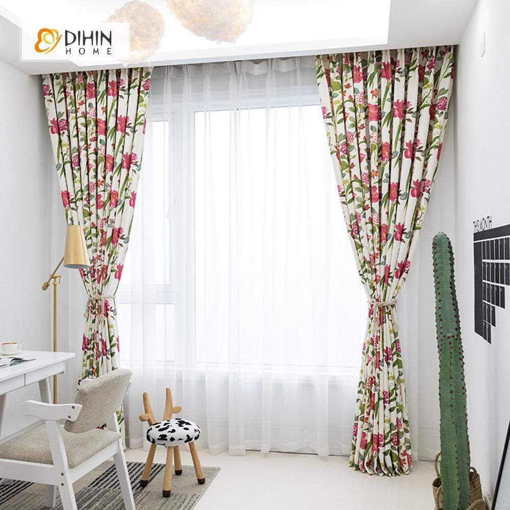 DIHINHOME Home Textile Pastoral Curtain DIHIN HOME Pastoral Red Flowers Printed，Blackout Grommet Window Curtain for Living Room ,52x63-inch,1 Panel