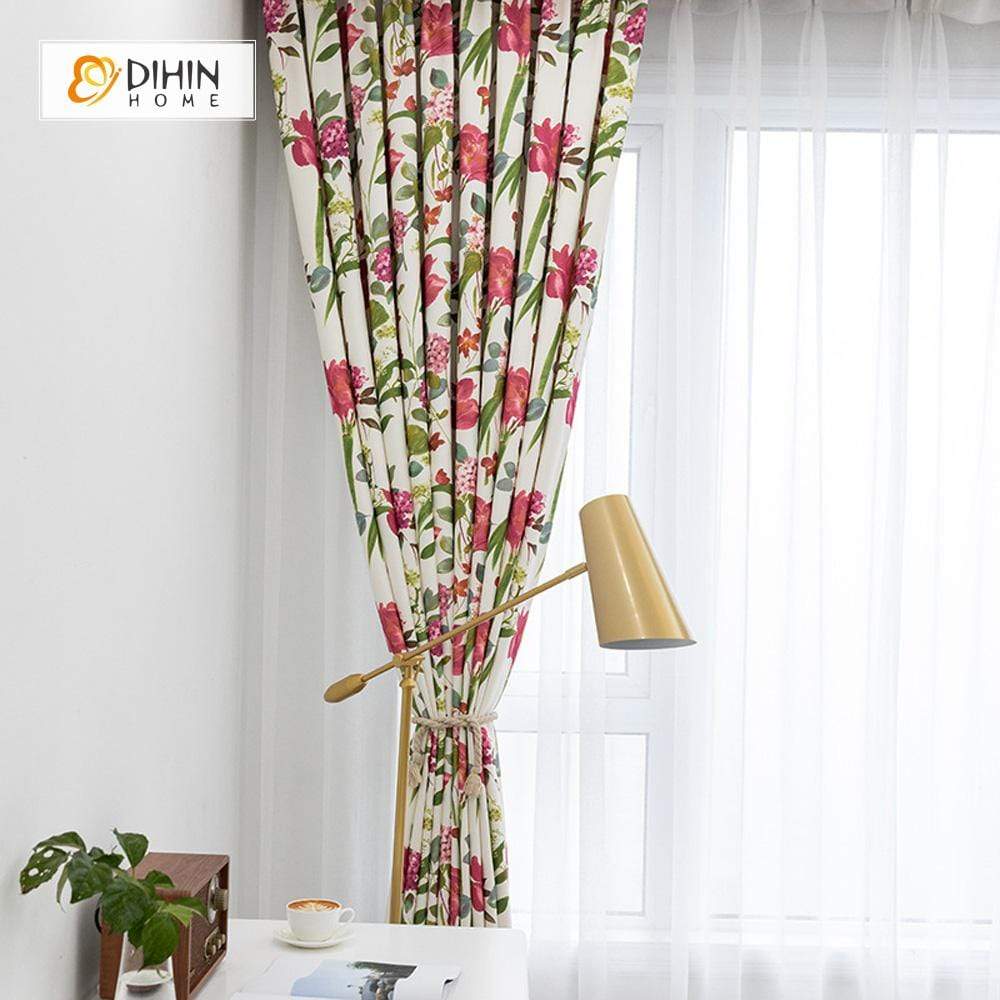 DIHINHOME Home Textile Pastoral Curtain DIHIN HOME Pastoral Red Flowers Printed，Blackout Grommet Window Curtain for Living Room ,52x63-inch,1 Panel