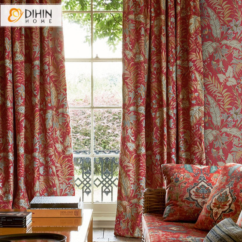 DIHINHOME Home Textile Pastoral Curtain DIHIN HOME Pastoral Red Leaves Printed,Blackout Grommet Window Curtain for Living Room