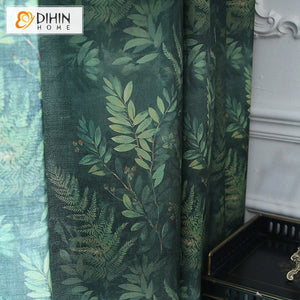DIHINHOME Home Textile Pastoral Curtain DIHIN HOME Pastoral Retro Dark Green Leaves Printed,Blackout Grommet Window Curtain for Living Room ,52x63-inch,1 Panel