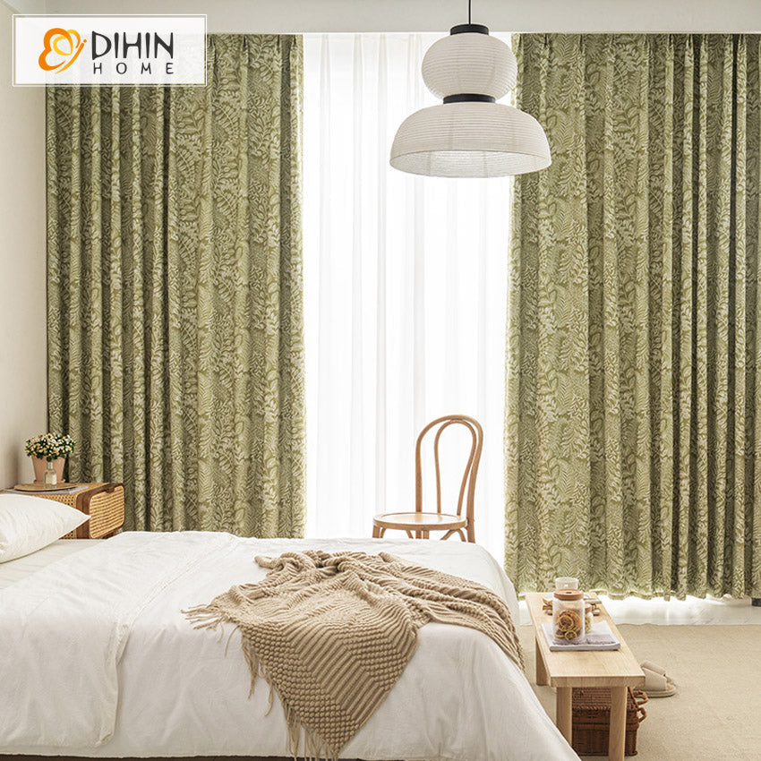 DIHINHOME Home Textile Pastoral Curtain DIHIN HOME Pastoral Retro Green Leaves Printed,Blackout Grommet Window Curtain for Living Room ,52x63-inch,1 Panel