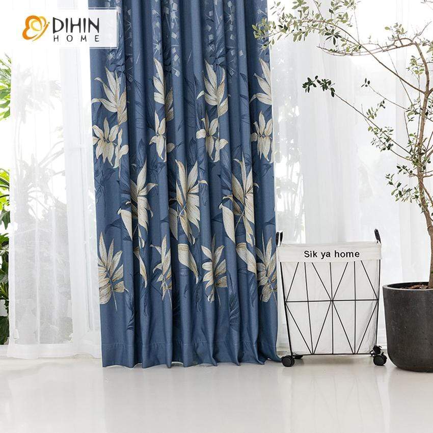 DIHINHOME Home Textile Pastoral Curtain DIHIN HOME Pastoral Retro Leaves Printed Curtain ,Cotton Linen ,Blackout Grommet Window Curtain for Living Room ,52x63-inch,1 Panel