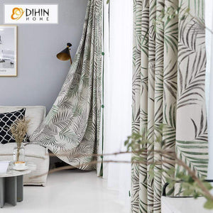 DIHINHOME Home Textile Pastoral Curtain DIHIN HOME Pastoral Simple Branch Printed Curtain ,Cotton Linen ,Blackout Grommet Window Curtain for Living Room ,52x63-inch,1 Panel