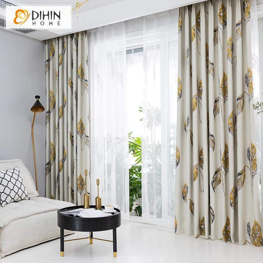 DIHINHOME Home Textile Pastoral Curtain DIHIN HOME Pastoral Simple Leaves Printed Curtain ,Cotton Linen ,Blackout Grommet Window Curtain for Living Room ,52x63-inch,1 Panel