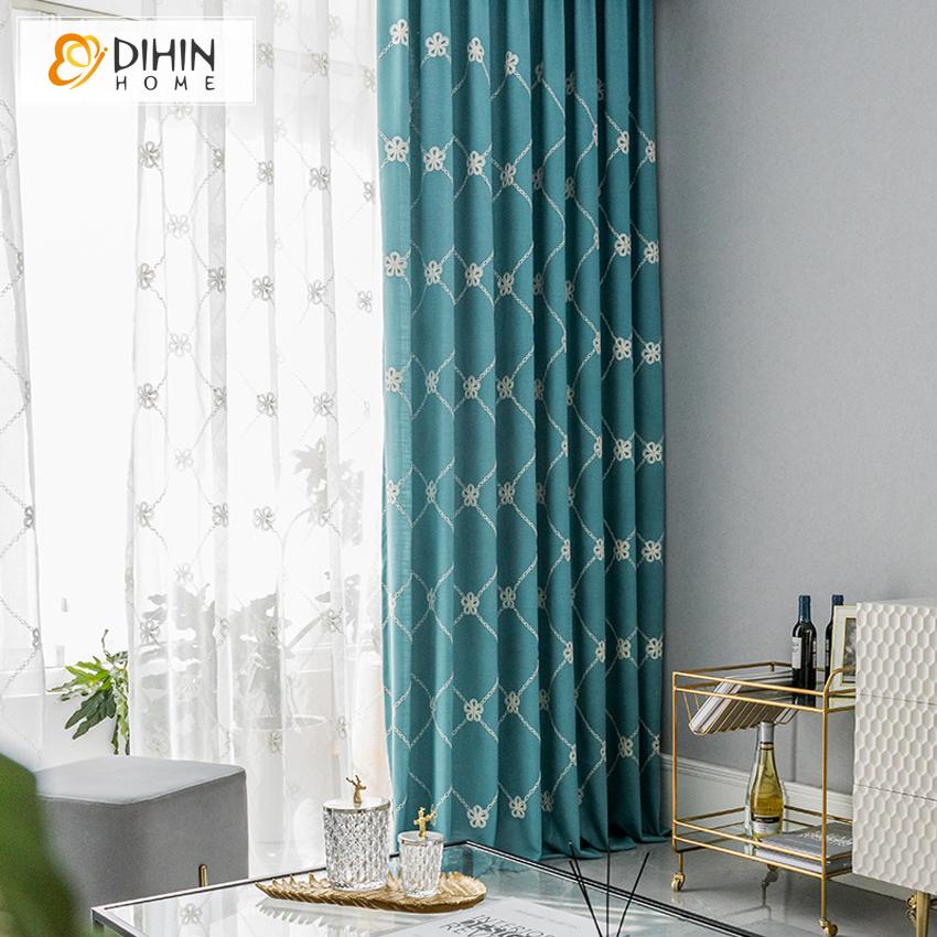 DIHIN HOME Pastoral White Flowers Embroidered Curtain,Blackout Curtains Grommet Window Curtain for Living Room ,52x84-inch,1 Panel