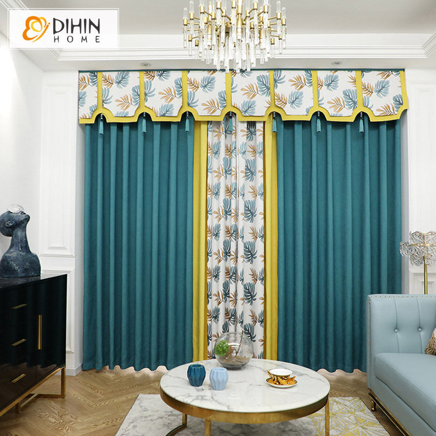 DIHINHOME Home Textile Pastoral Curtain DIHIN HOME Pastoral Yellow Blue Stitching Printed Valance ,Blackout Curtains Grommet Window Curtain for Living Room ,52x84-inch,1 Panel