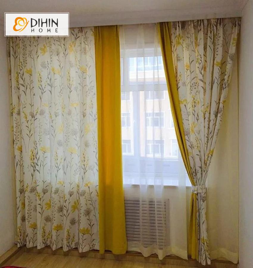 DIHINHOME Home Textile Pastoral Curtain DIHIN HOME Pastoral Yellow Color Natural Floral Curtains,Blackout Grommet Window Curtain for Living Room ,52x63-inch,1 Panel