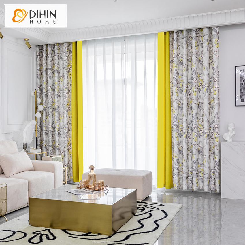 DIHINHOME Home Textile Pastoral Curtain DIHIN HOME Pastoral Yellow Fabric Nice Flowers Printed,Blackout Grommet Window Curtain for Living Room ,52x63-inch,1 Panel