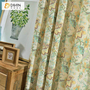 DIHINHOME Home Textile Pastoral Curtain DIHIN HOME Pastoral Yellow Flowers Green Leaves Printed,Blackout Grommet Window Curtain for Living Room ,52x63-inch,1 Panel