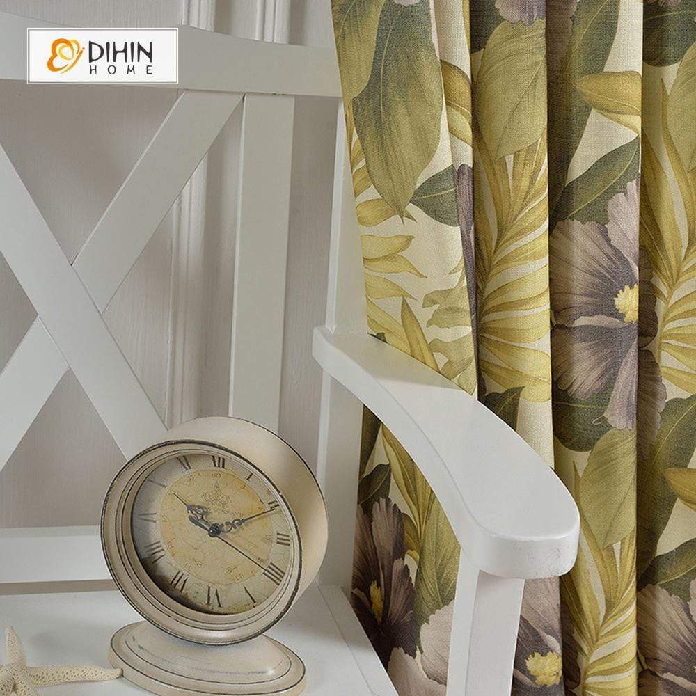 DIHINHOME Home Textile Pastoral Curtain DIHIN HOME Pastoral Yellow Flowers Printed，Blackout Grommet Window Curtain for Living Room ,52x63-inch,1 Panel