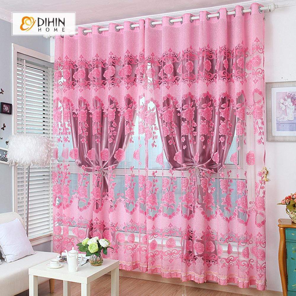 DIHINHOME Home Textile Pastoral Curtain DIHIN HOME Pink Flowers Printed Curtain，Blackout Grommet Window Curtain for Living Room ,52x63-inch,1 Panel