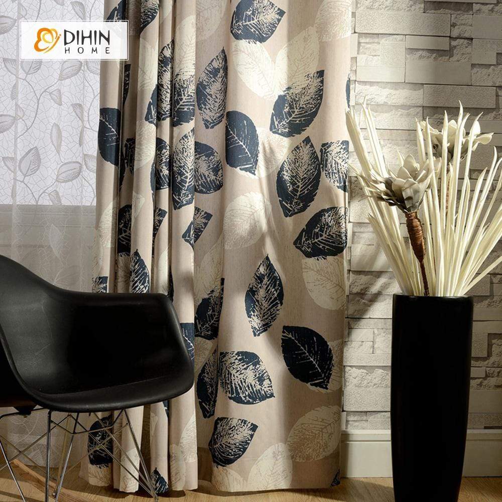 DIHINHOME Home Textile Pastoral Curtain DIHIN HOME Printed Big Leaf Curtain ,Cotton Linen ,Blackout Grommet Window Curtain for Living Room ,52x63-inch,1 Panel