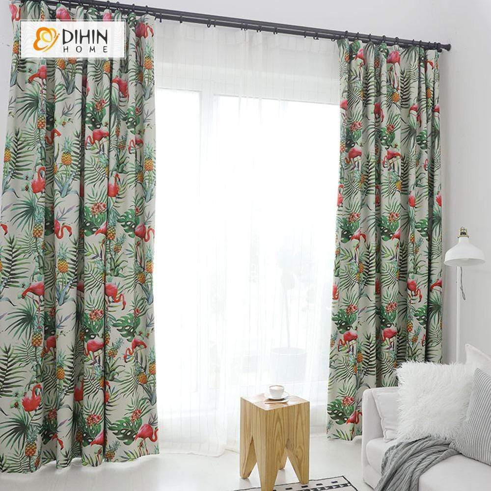 DIHINHOME Home Textile Pastoral Curtain DIHIN HOME Printed Flamingo ,Cotton Linen ,Blackout Grommet Window Curtain for Living Room ,52x63-inch,1 Panel