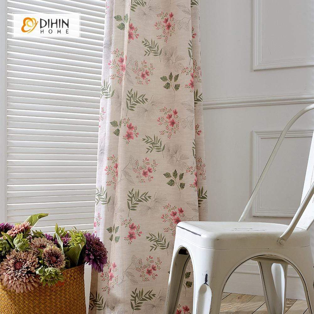 DIHINHOME Home Textile Pastoral Curtain DIHIN HOME Printed Natural Flower Curtain ,Cotton Linen ,Blackout Grommet Window Curtain for Living Room ,52x63-inch,1 Panel
